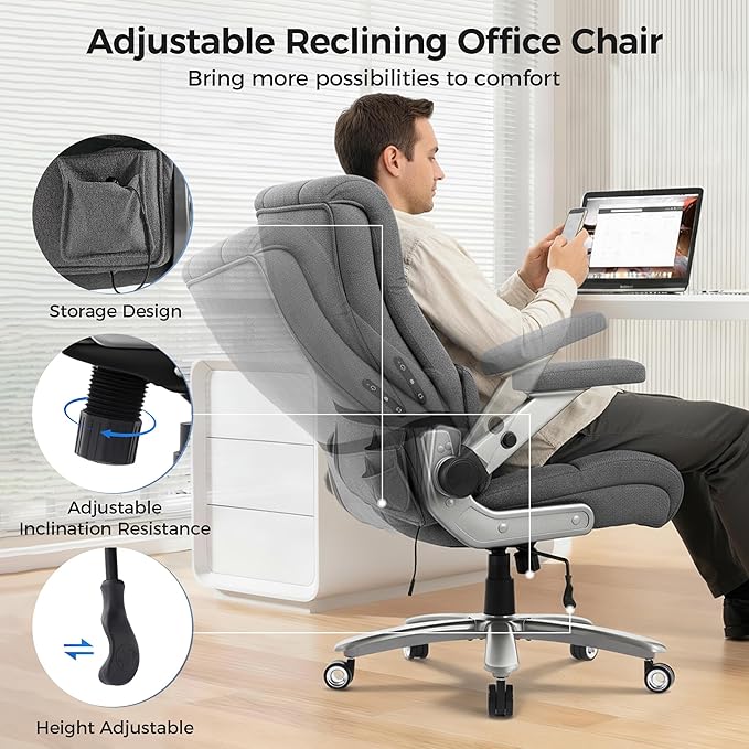 600LBS Big and Tall Massage Office Chair, Extra Wide Seat - 3D Kneading Massage & Heat Office Chair with Heavy Duty Metal Base, 3D Flip Arms, Fabric Ergonomic with Thick Spring Cushion