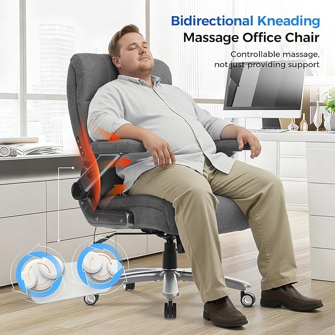 600LBS Big and Tall Massage Office Chair, Extra Wide Seat - 3D Kneading Massage & Heat Office Chair with Heavy Duty Metal Base, 3D Flip Arms, Fabric Ergonomic with Thick Spring Cushion