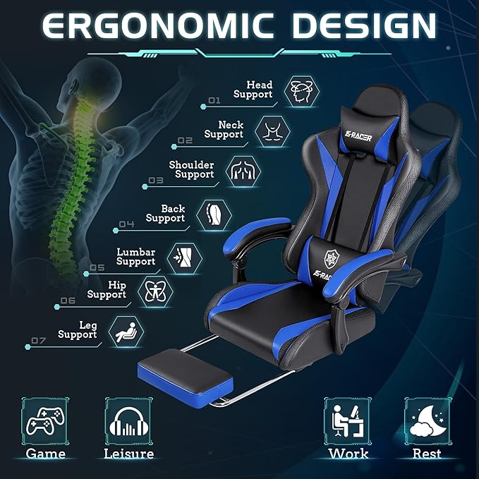 Homall Gaming Chair with Massage & Footrest, Ergonomic Computer Office Chair, High-Back Racing Style Reclining Chair with Adjustable Lumbar Support, PU Leather for Adults (Blue)