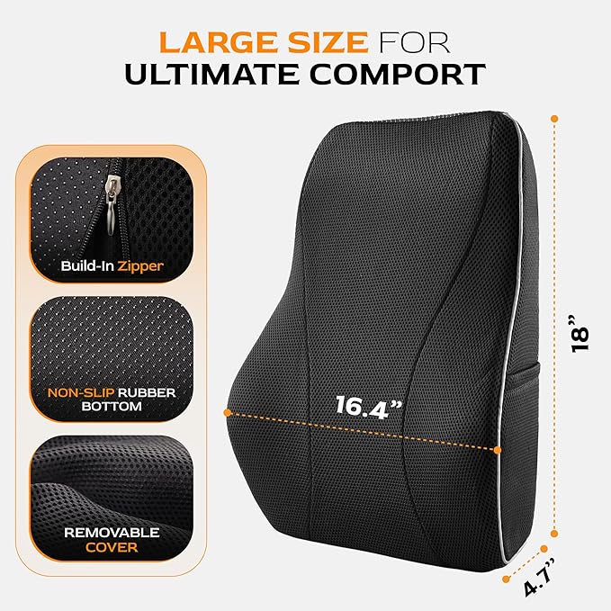 TULARIS Extra Dense Lumbar Support Pillow with Double Adjustable Straps - Ergonomic Memory Foam Cushion for Office Chair, Car, Couch - Firm Back Support for Lower Back & Spine Pain Relief