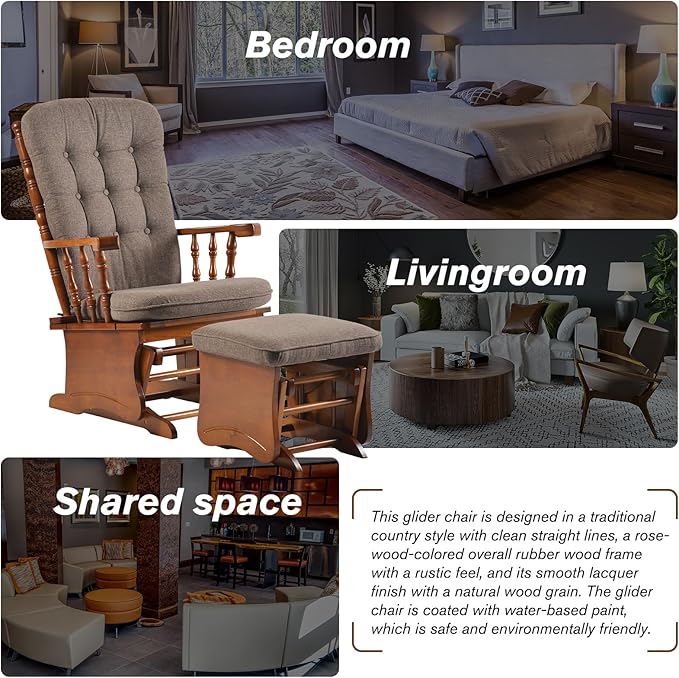 Anti-Pinch Solid Wood Hand Glider Rocking Chair Set with Ottoman, Padded Cushion, Rustic Rubber Wood Nursery Glider for Nursing, Relaxing, Living Room, Bedroom, Oak Colored