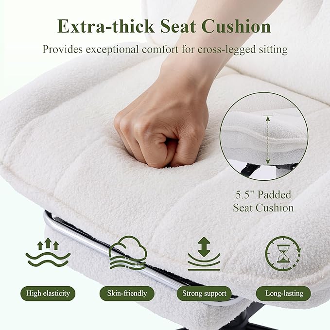 Criss Cross Chair with Wheels, Wide Seat Cross Legged Office Chair with Footrest, Adjustable Headrest & Reclining Backrest, Upholstered Ergonomic Desk Chair for Home Office, Gaming, Vanity (White)