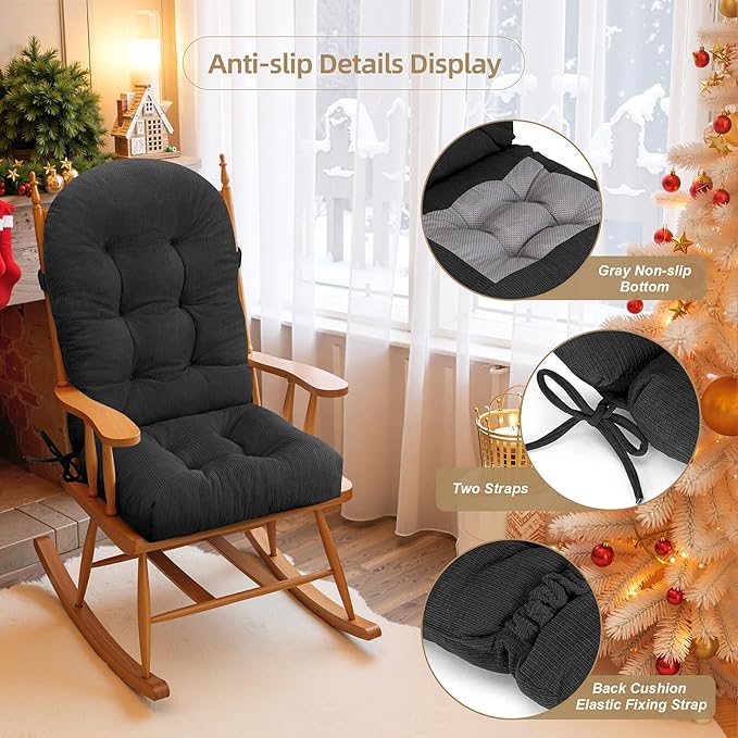 Rocking Chair Cushion - Plaid Corduroy Fabric, High-Density Sponge, Durable Comfort Non-Slip Bottom Tufted Seat Pads with Ties, Plaid Corduroy︱Coal Gray, 44x19x4 inch