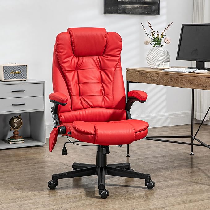 HOMCOM High Back Vibration Massage Office Chair with 6 Vibration Points, Heated Reclining PU Leather Computer Chair with Armrest and Remote, Red
