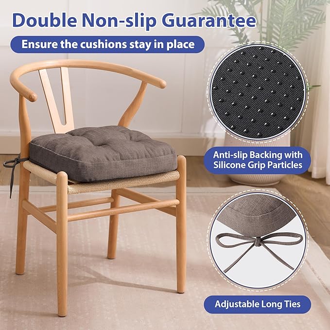 IASEAHK Chair Cushions for Dining Chairs, Dining Chair Cushions, Tufted Indoor Chair Pads with Ties & Non Slip Backing, Seat Cushions for Kitchen Chairs 16.5” x 16.5” x 3.5”, Set of 4, Light Brown