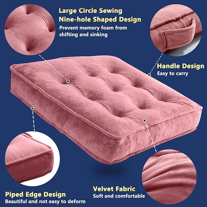 1 MIDDLE ONE Floor Pillow Set of 2, Memory Foam Meditation Cushion, Floor Cushions for Adults Sitting, Large Square Seat Cushions for Yoga, Living Room, 20x20 Inch (Pink)