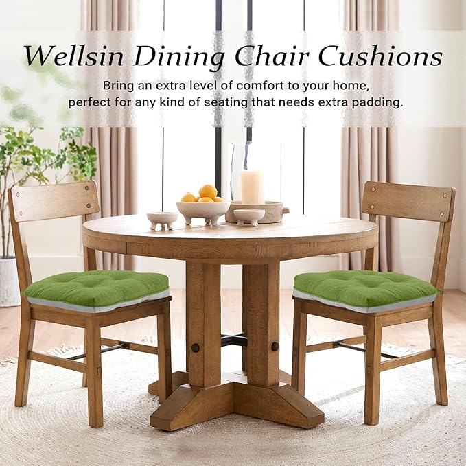 Wellsin Chair Cushions for Dining Chairs, Non-Slip Kitchen Chair Pads with Ties, Tufted Shredded Foam Kitchen Chair Cushions Set of 4, 15.5" X 15.5", Grass Green