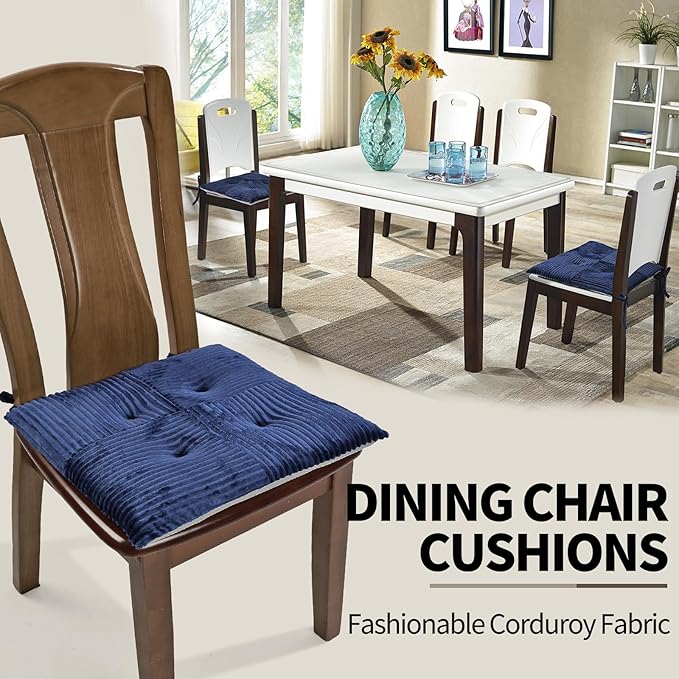 Office Stacking Chair Cushions 4 Pack, Corduroy High Density Foam Kitchen Seat Cushions with Ties, Square 17" x 17" Indoor Non-Slip Dining Chair Pads, Navy Blue，4pcs