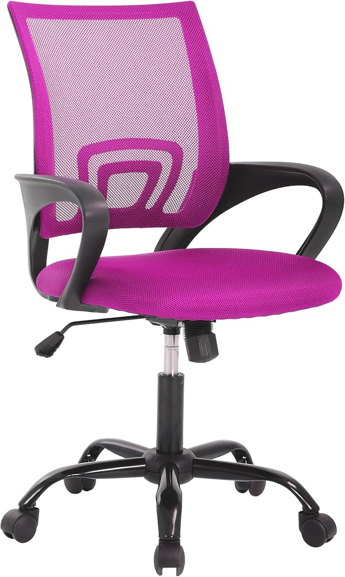 Ergonomic Desk Chair for Back Pain Relief - Supportive Mesh Back with Adjustable Height & Tilt Function, Metal Base, Pink