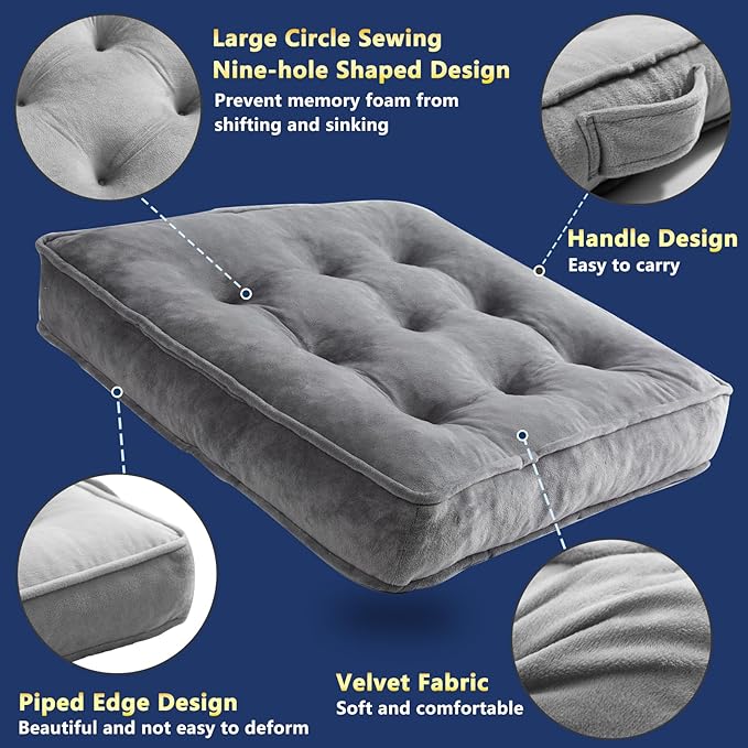 1 MIDDLE ONE Floor Pillow Set of 2, Memory Foam Meditation Cushion, Floor Cushions for Adults Sitting, Large Square Seat Cushions for Yoga, Living Room, 22x22 Inch (Grey)