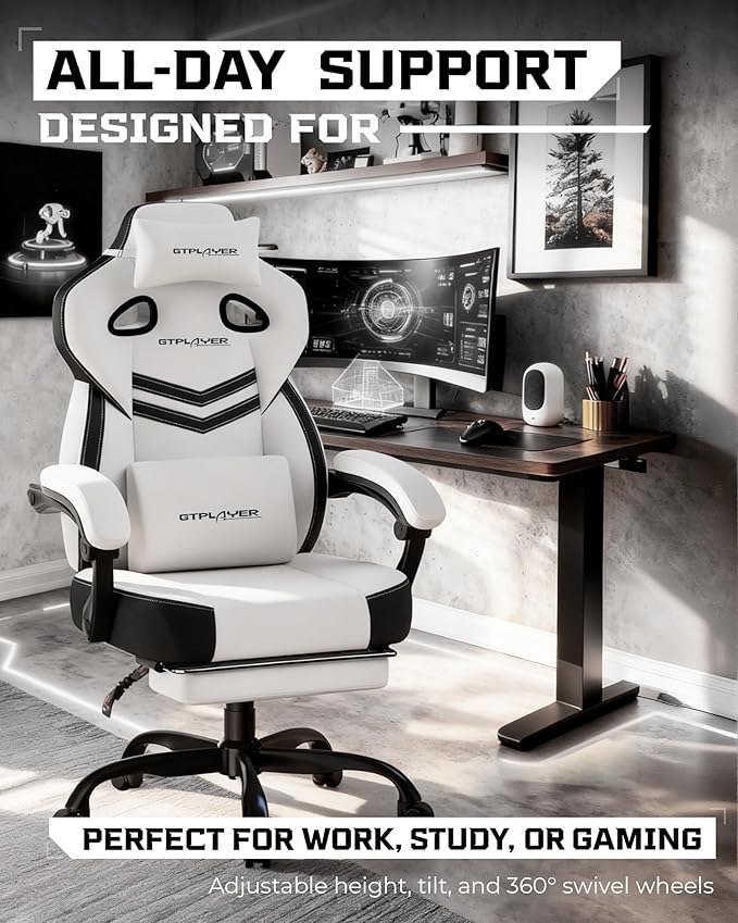 GTPLAYER Gaming Chairs for Adult - Ergonomic Big & Tall Gaming Seat with Footrest & Lumbar Support, Comfortable Office Chair 90-155° Reclining - Heavy Duty Wide Computer Seat, White Grey