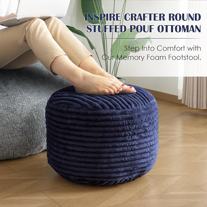SHOUREN Stuffed Round Ottoman,Corduroy Pouf Ottoman Foot Rest with Foam Filling,Pouf Storage Ottoman Footstool for Living Room,18 X 14 Floor Poufs for Couch - 18 X 14 Inches,Navy