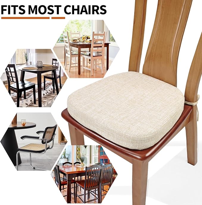 SINOSSO Thickened 2.5" Dining Chair Cushions, Soft Blended High Density Support Foam Kitchen Seat Cushions with Ties, U-Shaped Non-Slip Indoor Chair Pads, 16.5" x 16", 2 PCS, Beige