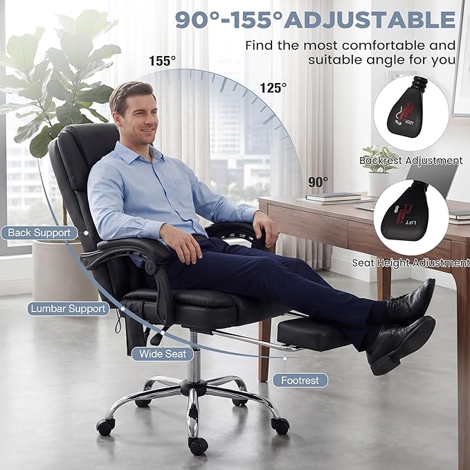 HOMREST 3D Kneading Massage Office Chair with 16 Kneading Nodes & Lumbar Support,Ergonomic Reclining Desk Chair with Footrest & Linkage Armrests,PU Leather Executive Chair with for Home Office (Black)