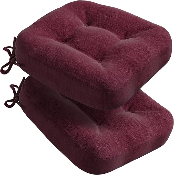 Codi Dining Chair Cushions 2 Pack, Thick Chairs Pads for Indoor Kitchen Room - Washable, Non-Slip Memory Foam Seat Cushion with Ties, 16.5"x16.5"x 3.5", Set of 2, Wine New