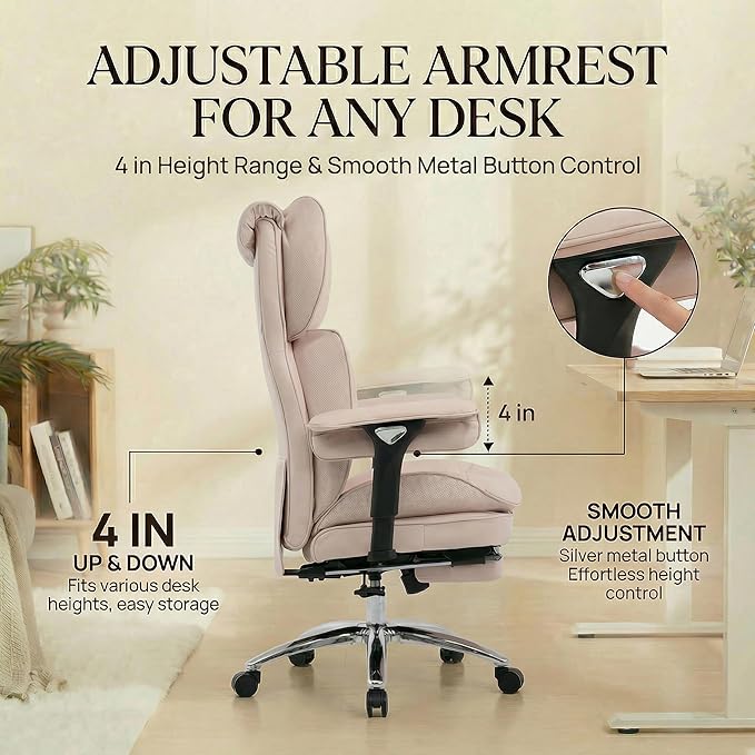 Efomao Big & Tall Executive Office Chair with Footrest - 400lbs Heavy Duty High Back PU Leather Desk Chair, Modern Ergonomic Reclining Computer Chair, Pink
