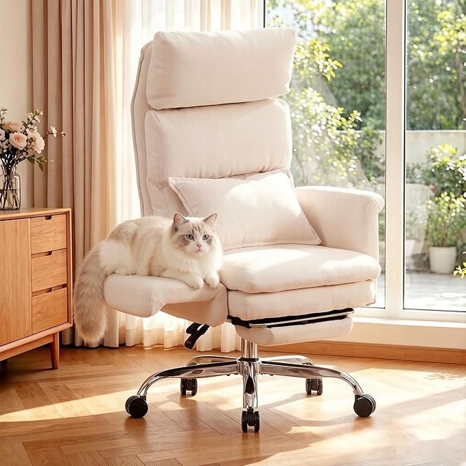Okeysen Office Chair with Flip Armrests, Big and Tall Office Chair with Foot Rest, Wide Reclining Desk Chair for Cross Legged Sitting & Pets, Executive Ergonomic Computer Gaming Chair with Pillow