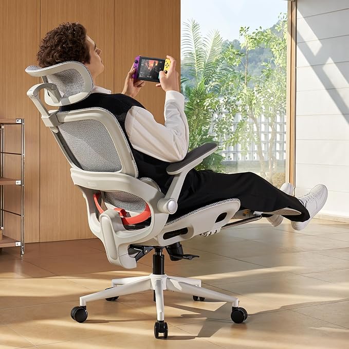 SIHOO B100 PRO Mesh Office Chair with Footrest, Ergonomic Office Chair with Adaptive Lumbar Support, Desk Chair with Wide Headrest, Computer Chair with 360° Rotatable Flip-Up Armrests, Light Grey