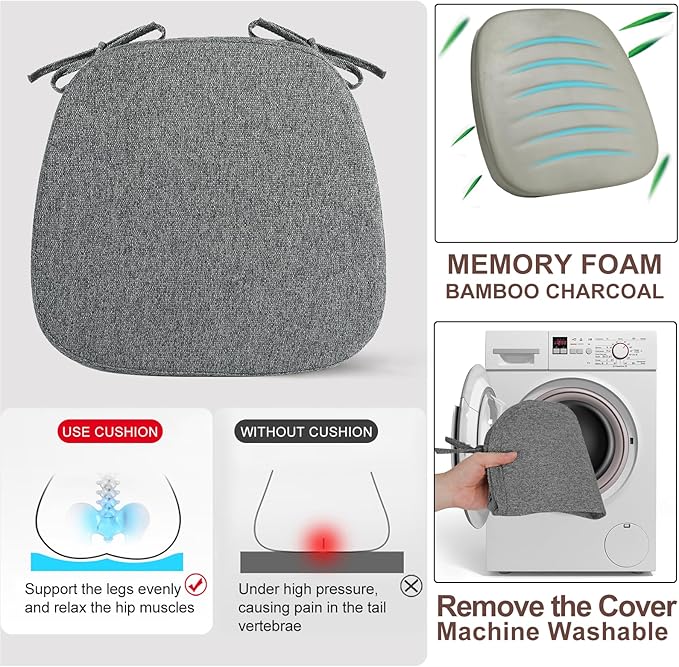 SINOSSO 4 Pack Memory Foam Chair Cushions for Dining Chairs, Friendly Woven Fabric 16" U-Shape Comfortable Kitchen Chair Pads, Removable Slip Resistant Seat Cushions (Set of 4, Dark Grey)