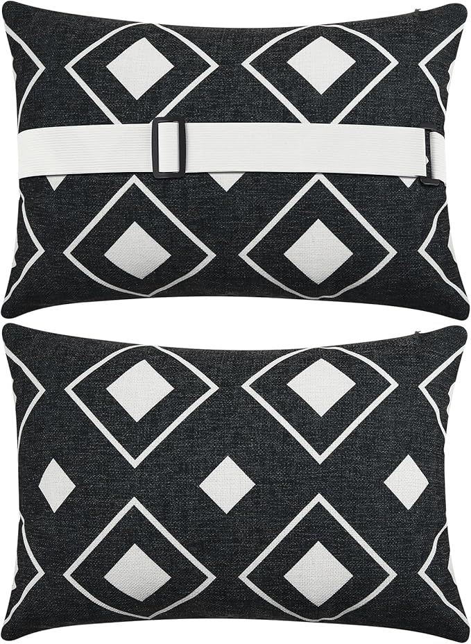 Juexica 2 Pack Chaise Lounge Pillow with Strap Outdoor Waterproof Beach Chair Neck Headrest Pillow Adjustable Elastic Band for Hammock Lumbar Recliner Pillows for Patio Pool Chair(White and Black)