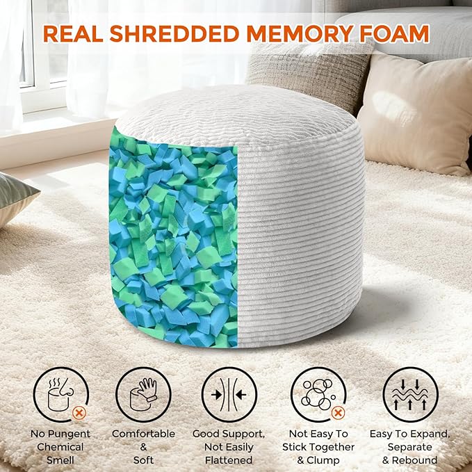Round Pouf Ottoman Foot Rest, Pre-Stuffed Footrest Ottoman with Odorless Shredded Memory Foam, Soft Corduroy Floor Pouf for Living Room, Bedroom, Cozy Home Decor, Grey