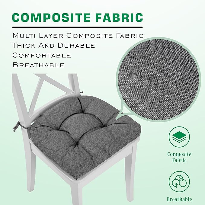 SQUARE MOON Chair Cushions for Dining Chairs, 3 Inch Thick Comfortable Kitchen Chair Pads, Dining Room Seat Cushions with Ties, Machine Washable, 17" x 16" x 3", 4/Pack, Grey