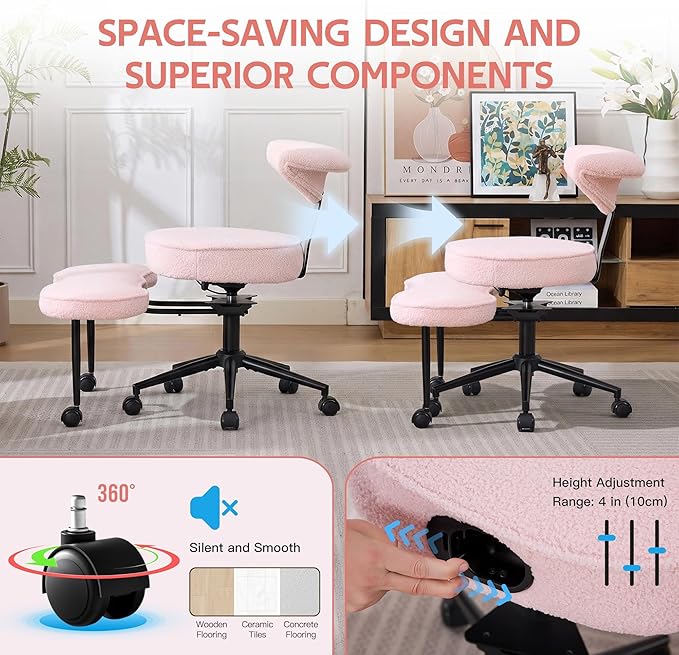 Garvee Ergonomic Cross Legged Office Chair with Lumbar Support, 360° Swivel Meditation Chair with Wheels - Adjustable Height for ADHD Desk & Yoga, Wide Criss Cross Chair, Kneeling Chair for Home, Pink