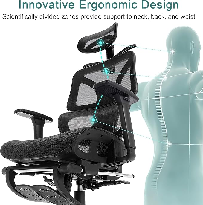 VECELO Swivel Ergonomic High Back Mesh Office Chair with Retractable Footrest, Adjustable Backrest, Tilt Function, 3D Armrests & Headrest, Lumbar Support for Executive/Computer Desk/Task Work, Black