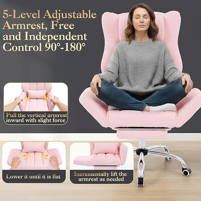 High Back Executive Office Chair with Footrest, Reclining PU Leather, Lumbar Support, Criss Cross Style, 155° Recline, Black (Pink)