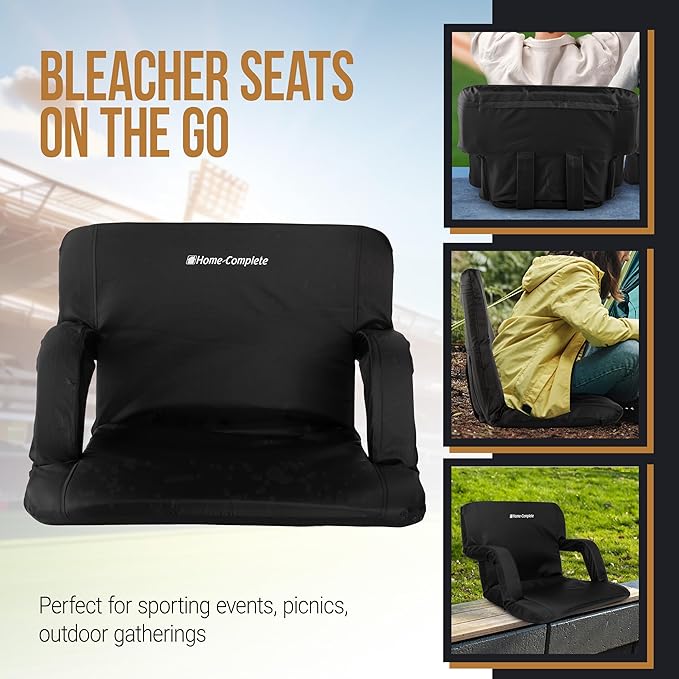 Home-Complete Stadium Seats - Bleacher Cushion with Padded Back Support and Armrests - 6 Reclining Positions Folding Stadium Chair with Carry Straps for Sports, Concerts, Camping, or Beach