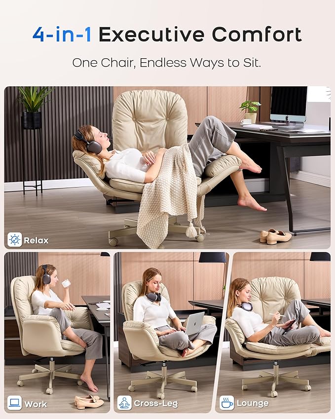 LukkDys Executive Office Chair, Big & Tall 400 lbs Capacity, Wide Seat, PU Leather, 5-Gear Lay-Flat Armrests (90°–180°) for Cross-Legged Comfort, 90–115° Recline, High Back Desk Chair, Beige