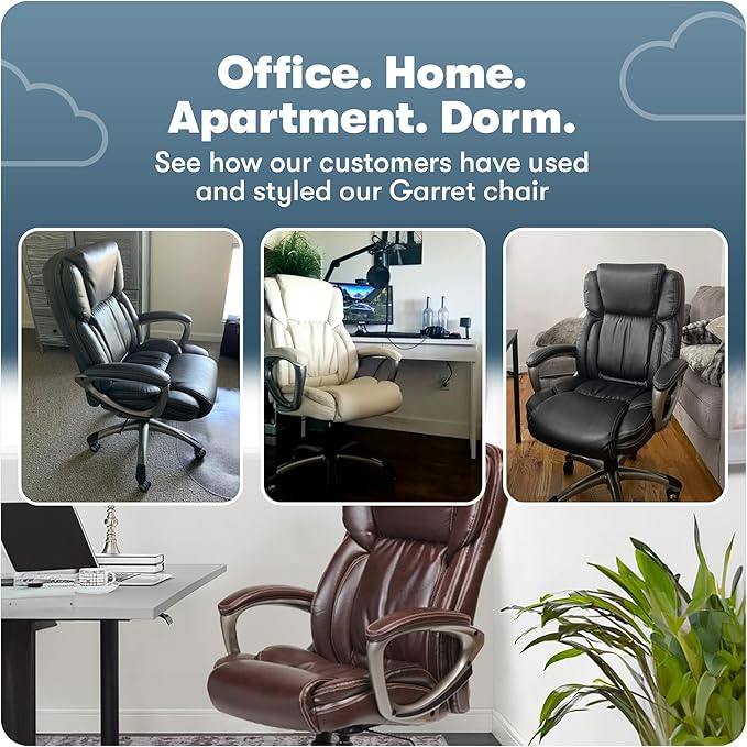 Serta Garret Executive Office Chair, Ergonomic Mid-Back with Lumbar Support, Semi-Plush Cushion and Body Pillows, Padded Armrests, Swivel Base, Bonded Leather, Cognac