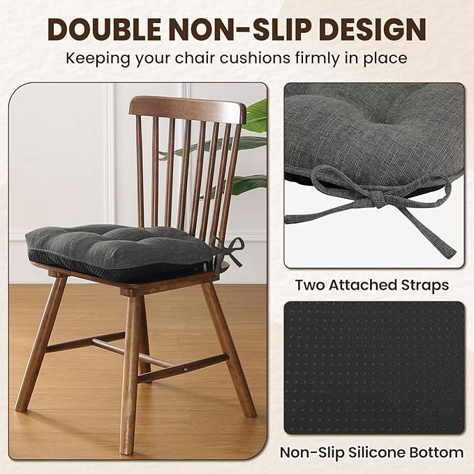 downluxe Indoor Chair Cushions for Dining Chairs, Tufted Overstuffed Textured Kitchen Chair Pads with Ties and Non-Slip Backing, 15.5" x 15.5" x 4", Dark Grey, 6 Pack