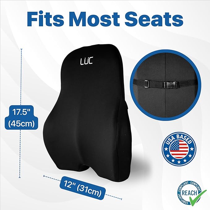 LÜC Lumbar Support Pillow for Office Chair & Car – Ergonomic Memory Foam Back Cushion for Lower Back Pain Relief – Adjustable Strap, Breathable Cover – Improves Posture & All-Day Comfort