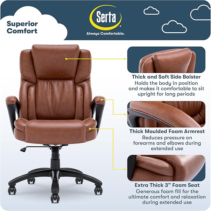 Serta Garret Executive Office Chair, Ergonomic Mid-Back with Lumbar Support, Semi-Plush Cushion and Body Pillows, Padded Armrests, Swivel Base, Bonded Leather, Cognac