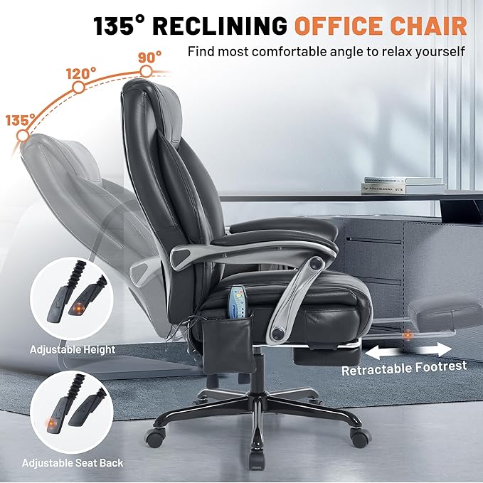 Massage Office Chair with Heat & Foot Rest, 6 Points Vibration, Ergonomic Executive Reclining Desk Chair, PU Leather Padded Seat for Home Office Comfort