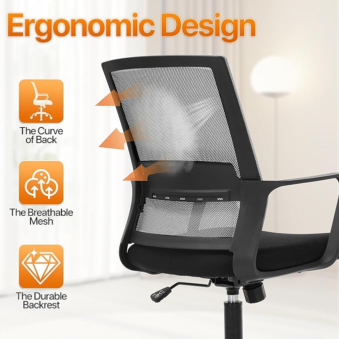 Ergonomic Office Chair, Comfortable Home Desk Chair, Breathable Mesh Back Computer Chair and Lumbar Support, Adjustable Height, Sponge Seat, Grey