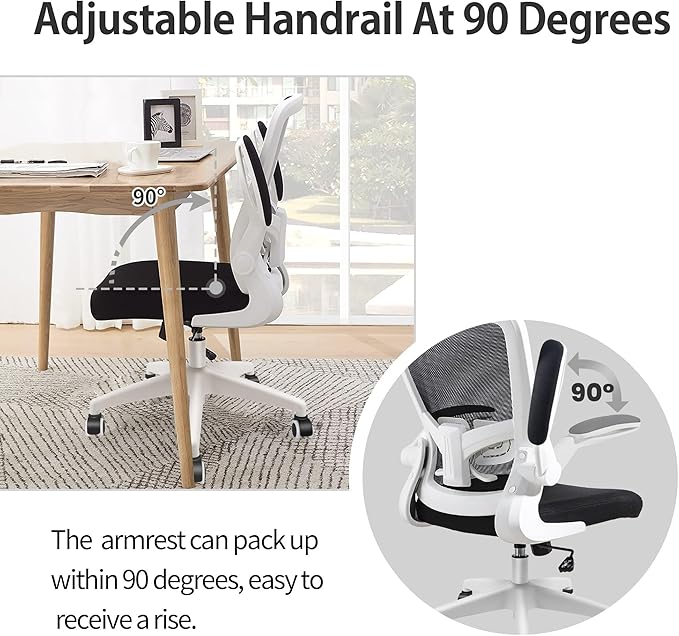 Ergonomic Office Chair 2026 - Mesh Desk Chair with Flip-up Armrests, Adjustable Height and Lumbar, 360° Swivel Comfortable Computer Chairs for Home, Conference Room, Reception, White and Black