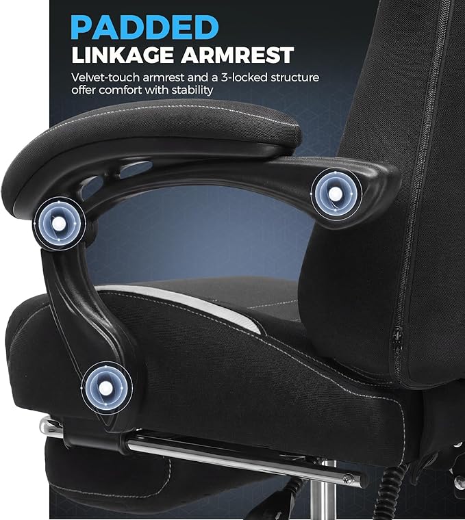 GTPLAYER Gaming Chair Fabric with Pocket Spring Cushion,Computer Office Chair with Lumbar Support for Adults Linkage Armrests and Footrest Ergonomic Gamings Chairs Height Adjustable DARKBLACK