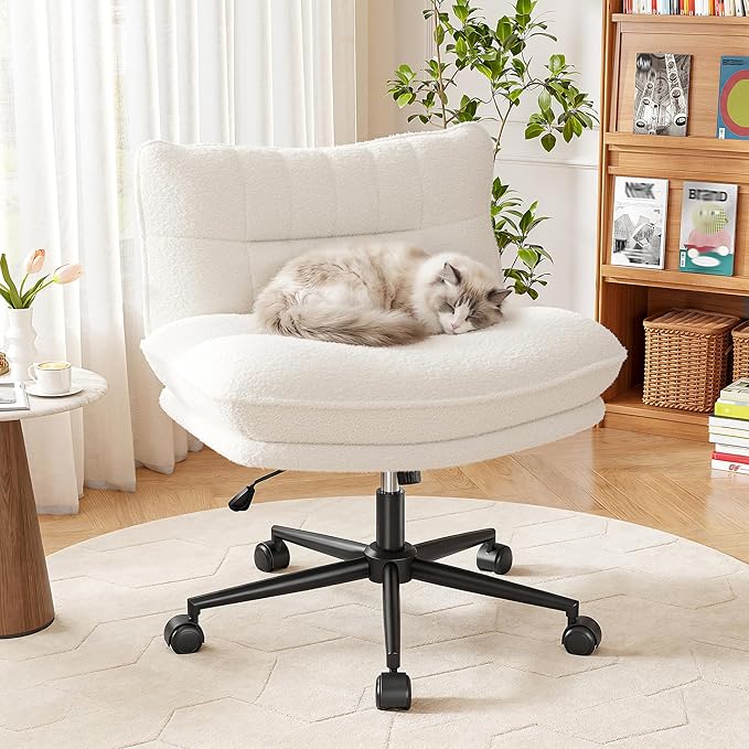 DurayLoly Criss Cross Chair with Wheels, 6.2" Extra Thick Cross Legged Office Chair, Height Adjustable Swivel Design for Home Office, Study & Vanity,White