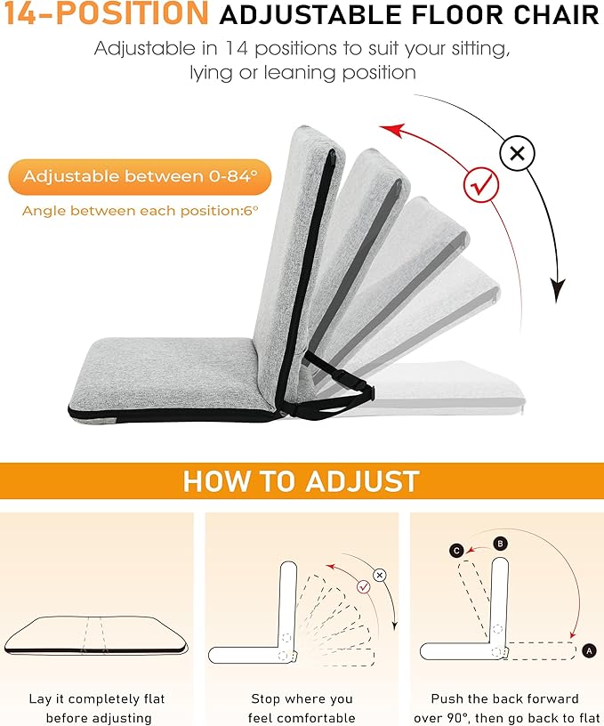 FASTMOMENT Floor Chair with Back Support Adjustable Meditation Chair with 14 Positions Portable Ground Seating for Adults Foldable Floor Seat for Meditation Yoga Reading (Thicker Sponge Version)