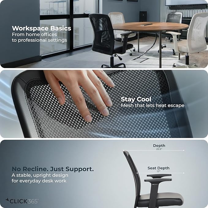 AeroCore M110 Ergonomic Mesh Office Chair, Mid-Back Desk Chair with Lumbar Support, Adjustable Height 360 Swivel, Rolling Wheels, Padded Seat, Small Space Home Office, 275 lb Capacity, Black