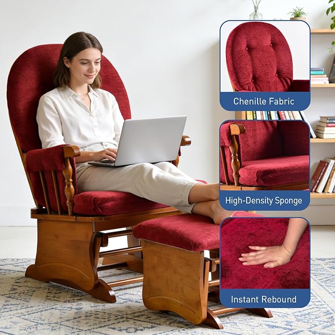 Glider Rocking Chair with Ottoman Set, Solid Wood Nursery Glider Rocker with Thick Padded Cushion, High Back Upholstered Swivel Glider for Living Room, Nursing, Reading, 280LBS Weight Capacity,Oak+Red