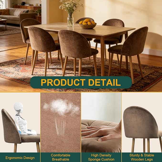 Lightdot Dining Chairs Set of 2, Velvet Comfort Seats, Medieval Modern Living Room Chair, Padded Kitchen Chair with Wood Legs and Padded Chair for Bedroom, Easy to Assemble, Brown