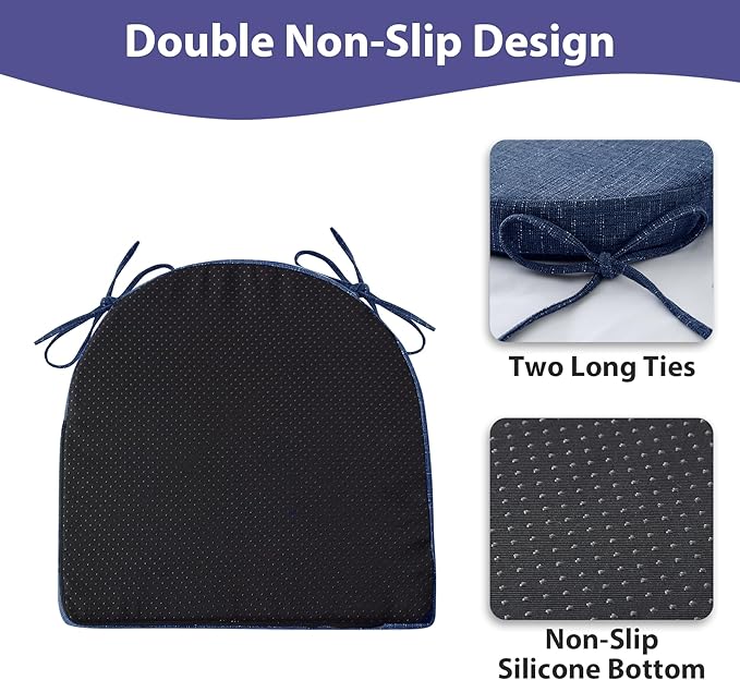 IPYNBAP Chair Cushions for Dining Chairs, Kitchen Chair Cushions, 16'' x 16'' x 2'', Non Slip Indoor Seat Cushions, Chair Pads for Dining Chairs with Ties & Removable Cover, Set of 6, Navy