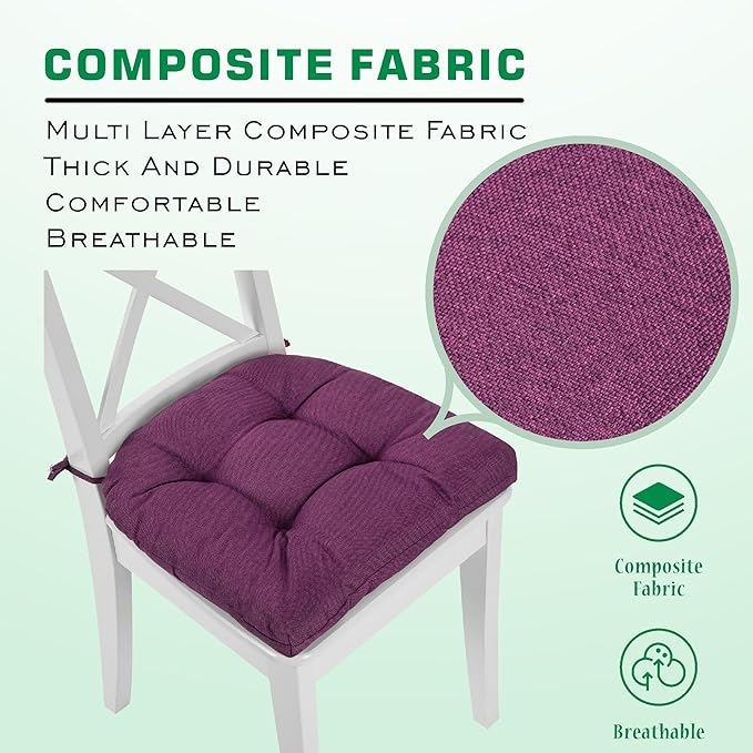 SQUARE MOON Chair Cushions for Dining Chairs, 3 Inch Thick Comfortable Kitchen Chair Pads, Dining Room Seat Cushions with Ties, Machine Washable, 17" x 16" x 3", 4/Pack, Purple