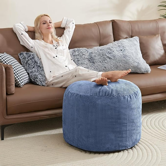 WSOFRLAC Pouf Ottoman Foot Stools with Foam Small Ottoman for Living Room Corduroy Ottomans Pouf 26x18in Foot Rest for Chair Blue Hassocks and Ottomans