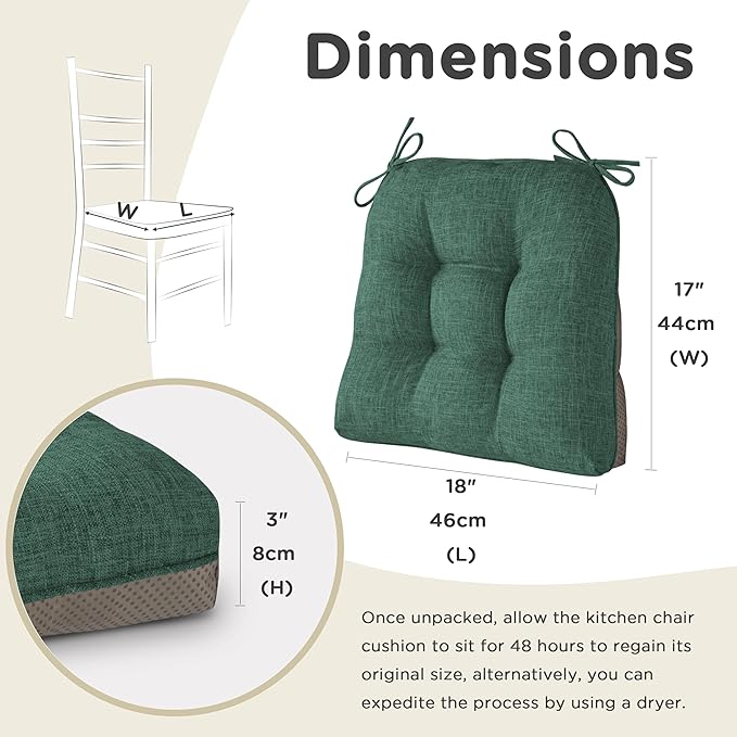AddGrace Chair Cushions for Dining Chairs Set of 2 Kitchen Seat Cushions with Ties and Non Slip Backing Tufted Indoor Seat Pad for Kitchen Dining Room 18" x 17" x 3" Dark Green