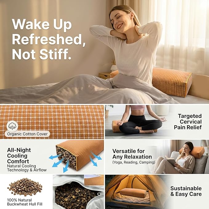 Adjustable Buckwheat Hull Pillow for Neck Pain Relief (21x8x4) Natural Cooling Cervical Support Camping Pillow for Side & Back Sleepers with Night Sweats (xiaoge Orange)