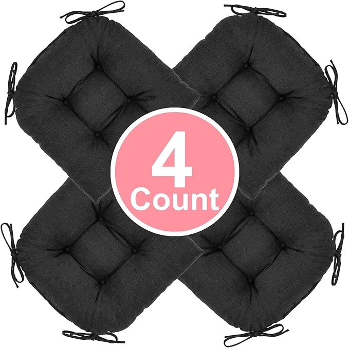 Chair Cushion, Chair Cushions for Dining Chairs, Chair Pads and Mat with Ties for Indoor Kitchen Seat and Desk (Black, 4 Count - 17 x 16 in)